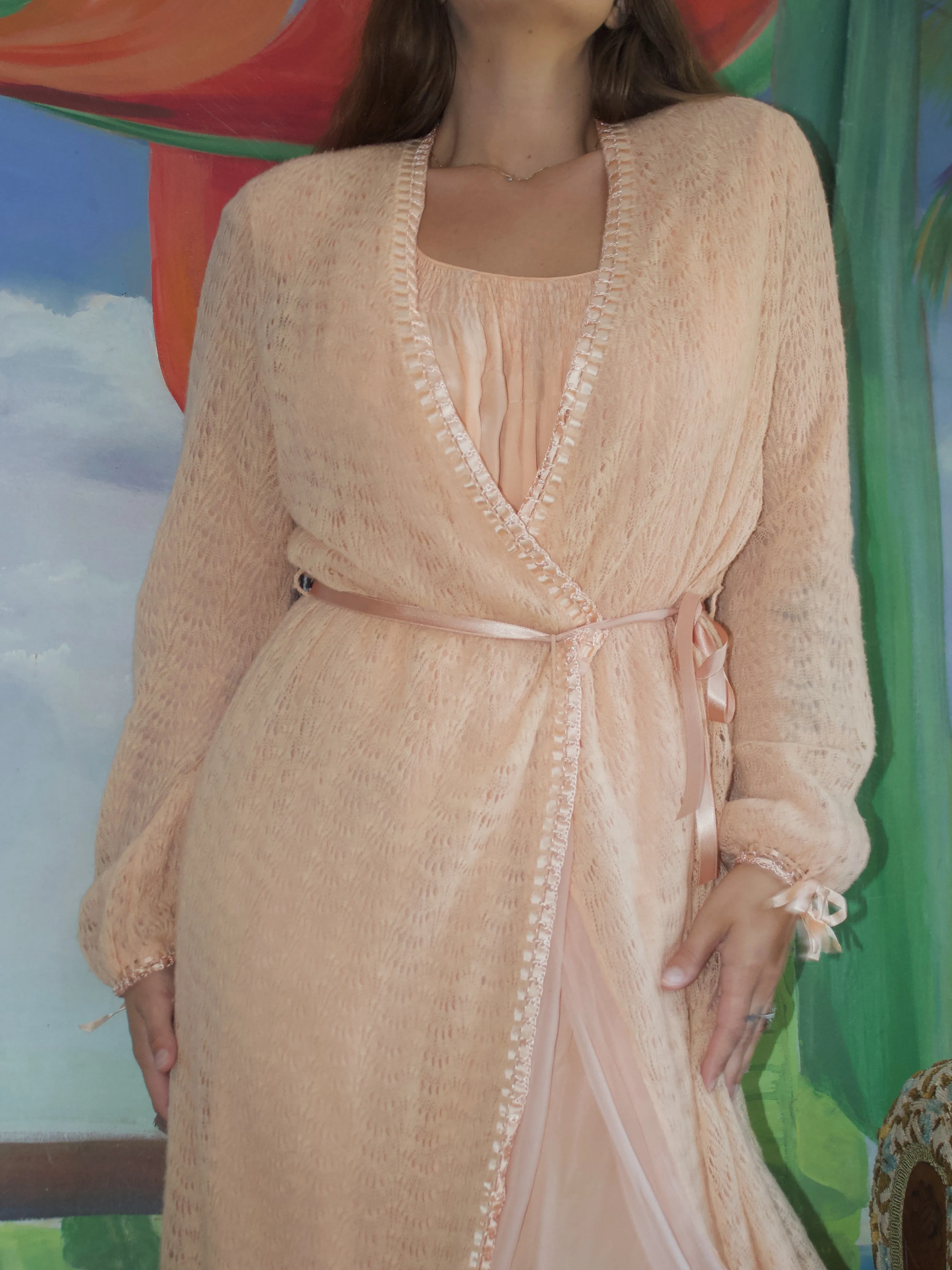 1920s Pale Peach Open Weave Knit & Chiffon Floor Length Wrap Dressing Gown
