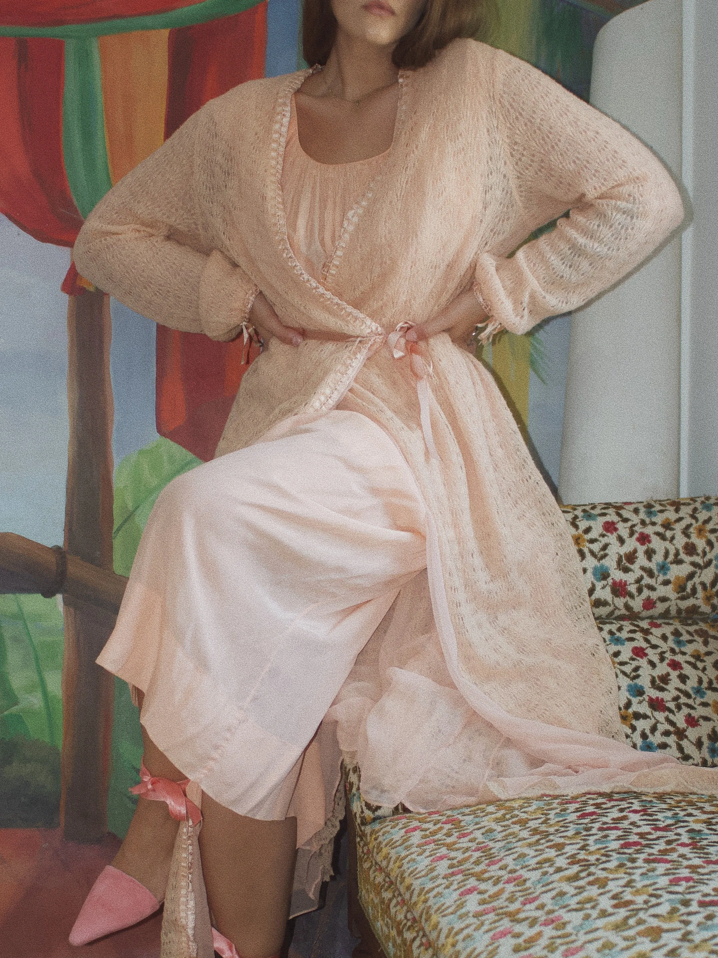 1920s Pale Peach Open Weave Knit & Chiffon Floor Length Wrap Dressing Gown