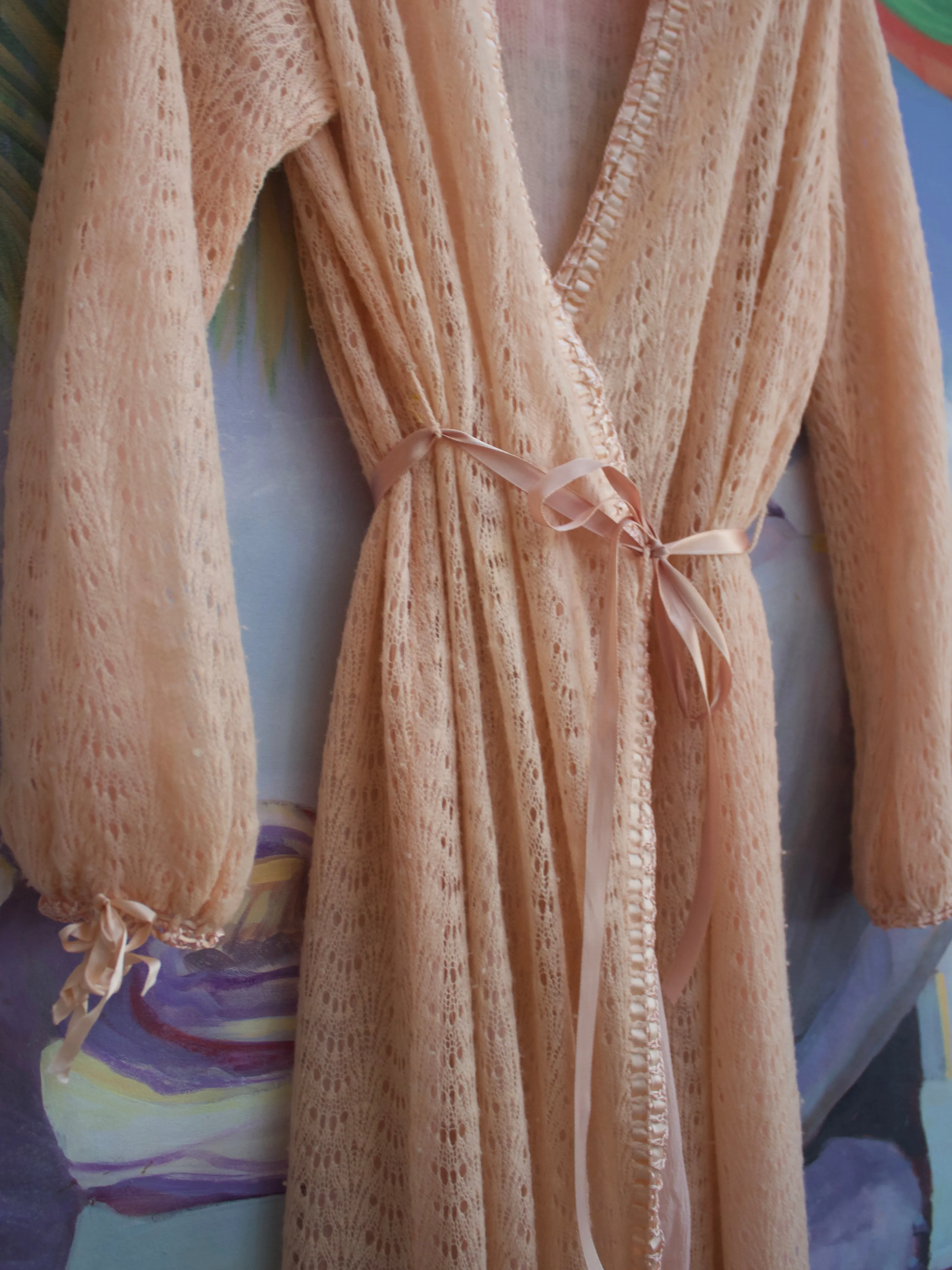1920s Pale Peach Open Weave Knit & Chiffon Floor Length Wrap Dressing Gown