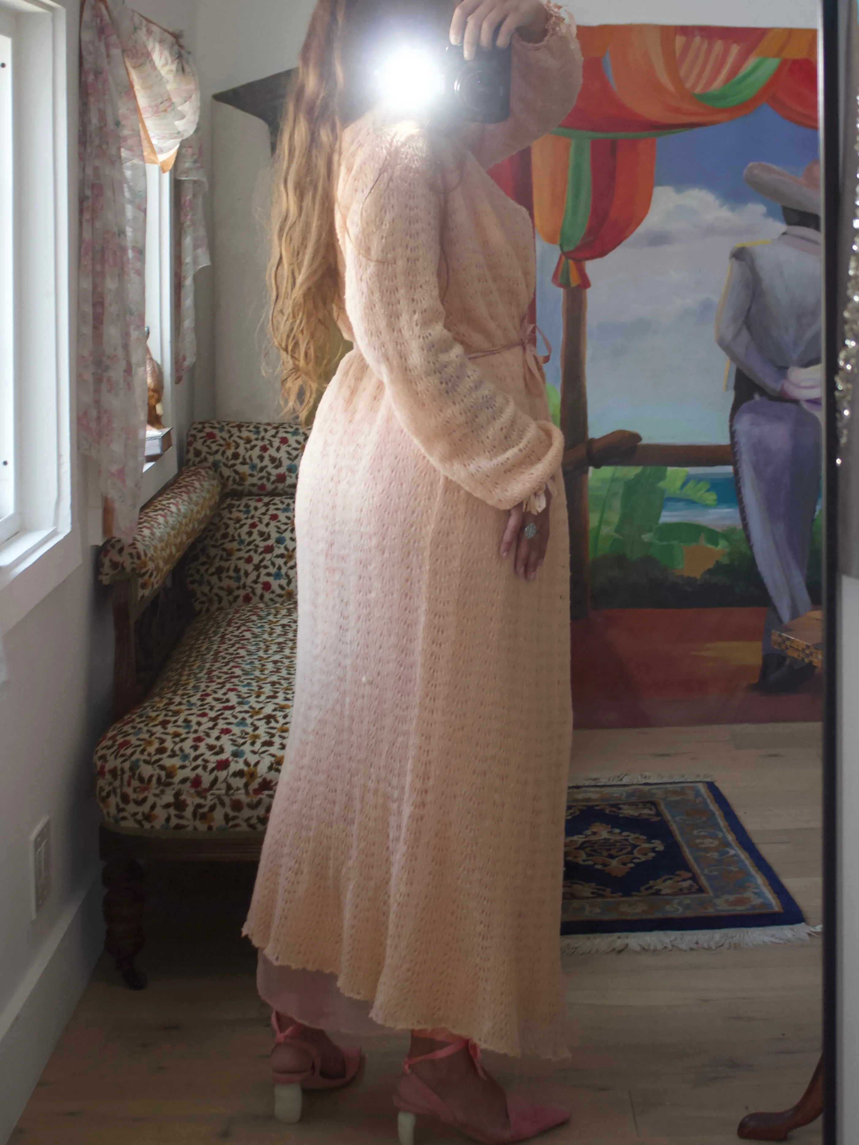 1920s Pale Peach Open Weave Knit & Chiffon Floor Length Wrap Dressing Gown
