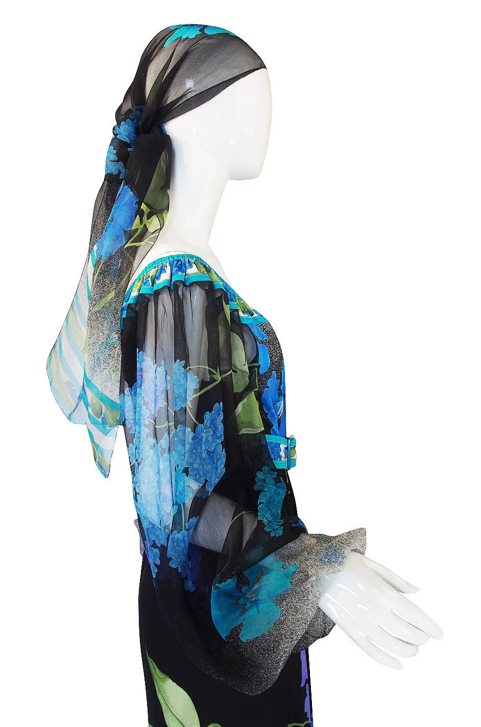 1970s Leonard Silk Chiffon & Jersey Caftan Dress