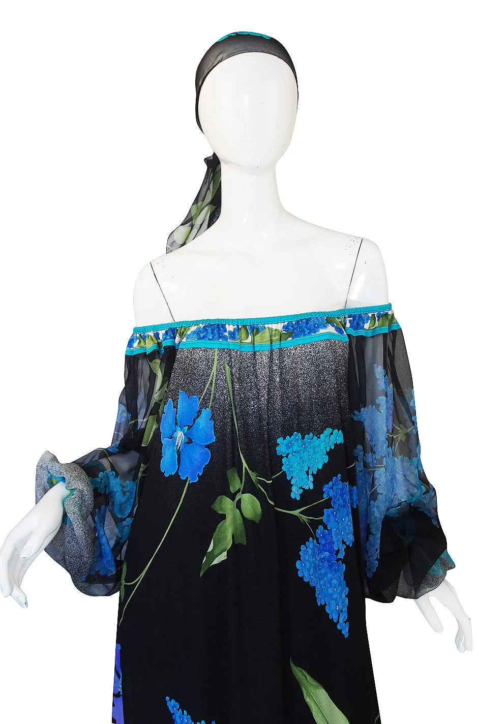 1970s Leonard Silk Chiffon & Jersey Caftan Dress