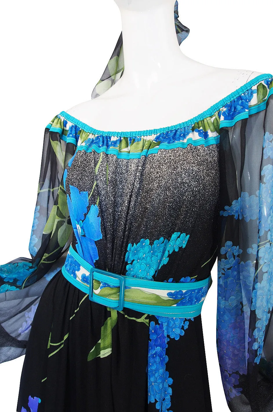 1970s Leonard Silk Chiffon & Jersey Caftan Dress