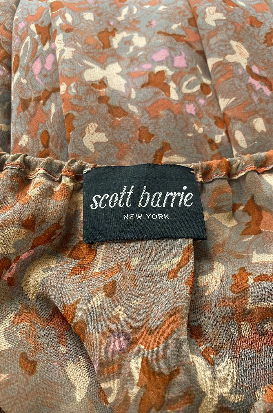 1970s Scott Barrie Off Shoulder Taupe Print Silk Chiffon Midi Dress