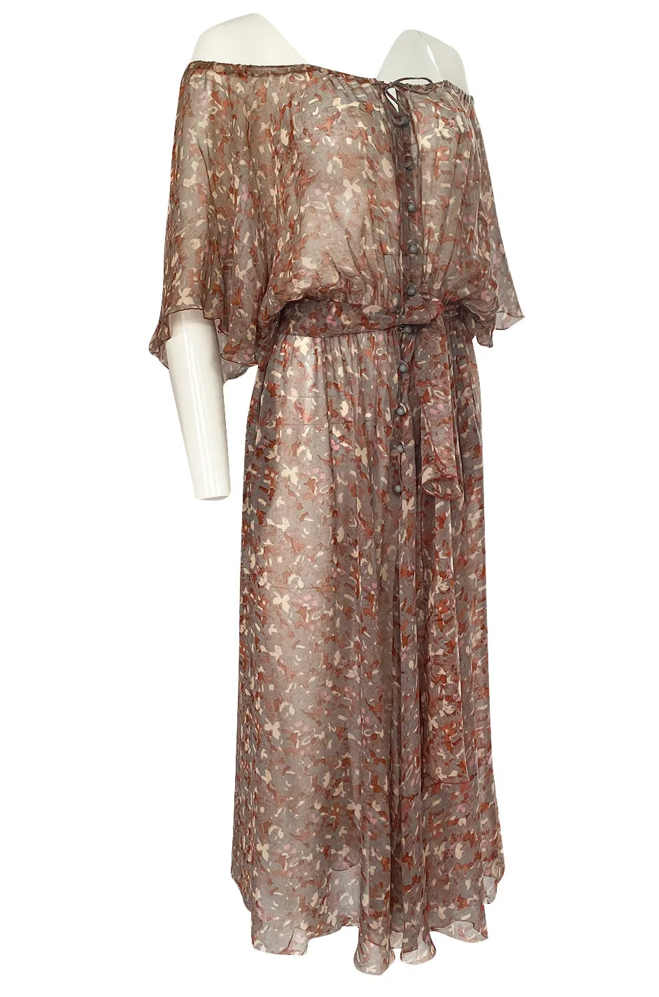 1970s Scott Barrie Off Shoulder Taupe Print Silk Chiffon Midi Dress