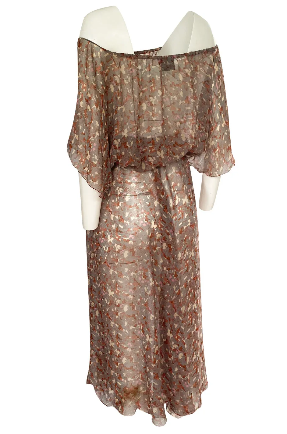 1970s Scott Barrie Off Shoulder Taupe Print Silk Chiffon Midi Dress