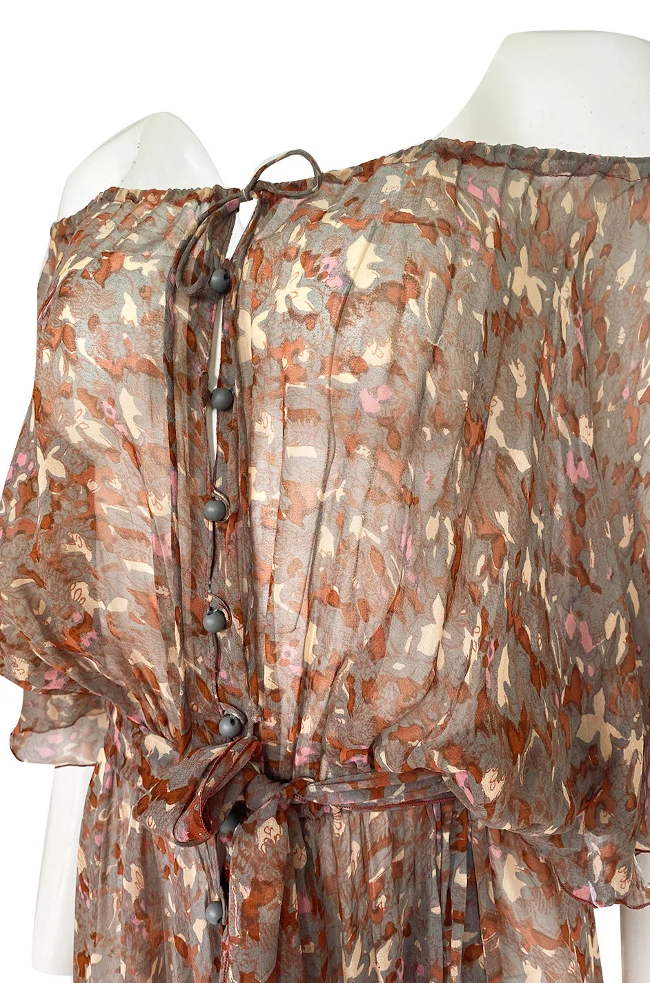 1970s Scott Barrie Off Shoulder Taupe Print Silk Chiffon Midi Dress