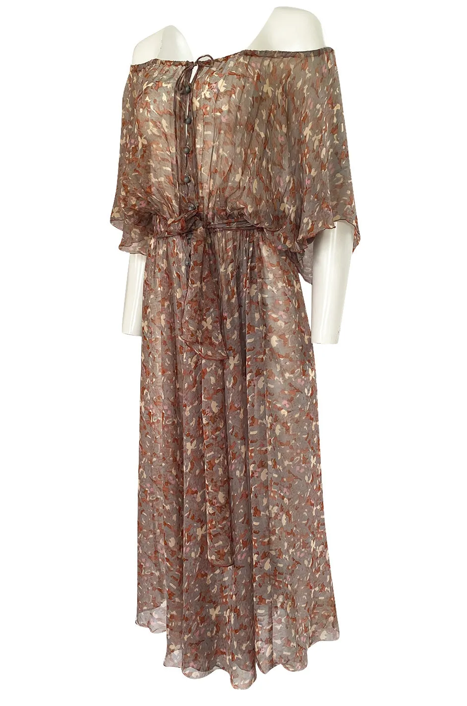 1970s Scott Barrie Off Shoulder Taupe Print Silk Chiffon Midi Dress