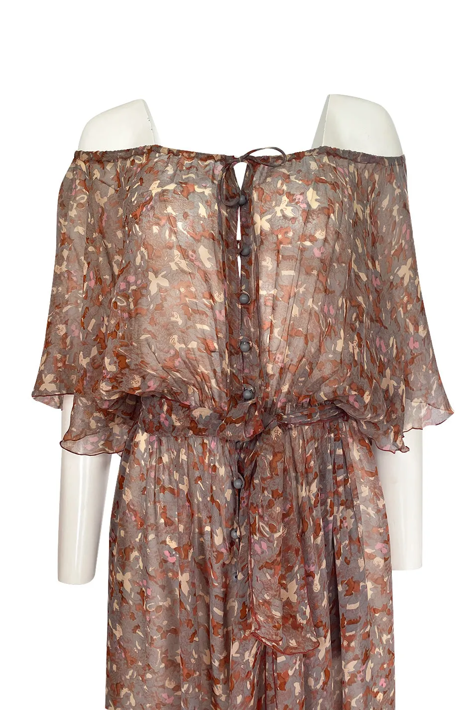 1970s Scott Barrie Off Shoulder Taupe Print Silk Chiffon Midi Dress