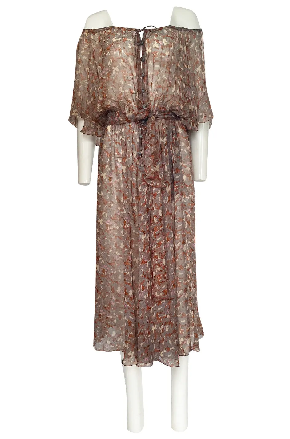 1970s Scott Barrie Off Shoulder Taupe Print Silk Chiffon Midi Dress