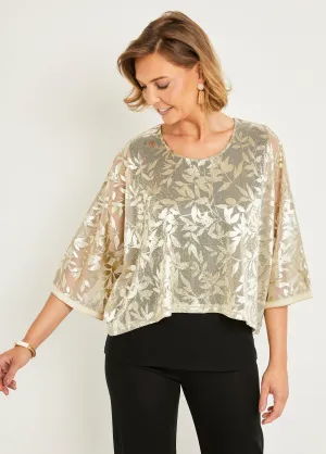 2 in 1 effect plain knit iridescent jacquard voile top