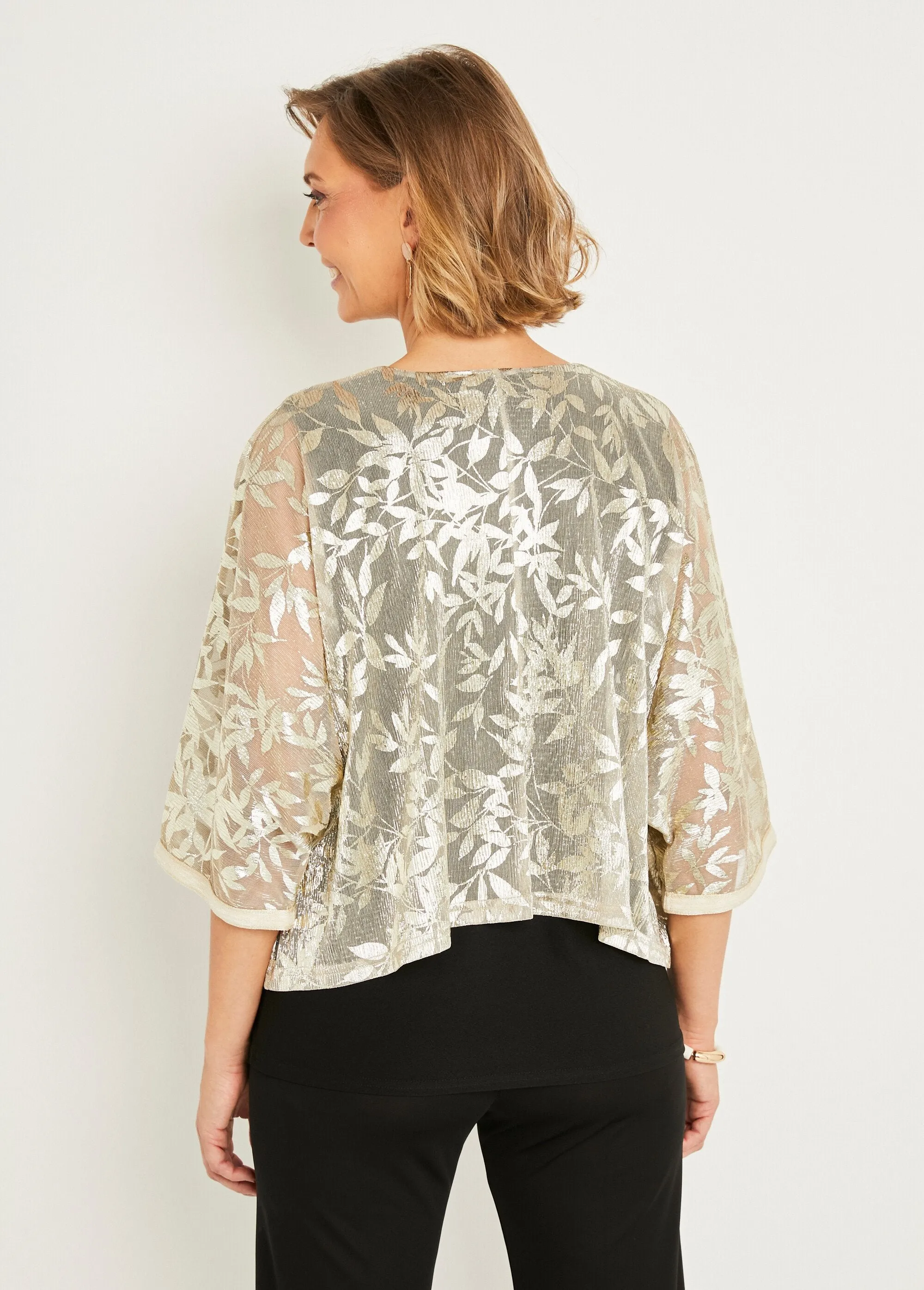 2 in 1 effect plain knit iridescent jacquard voile top