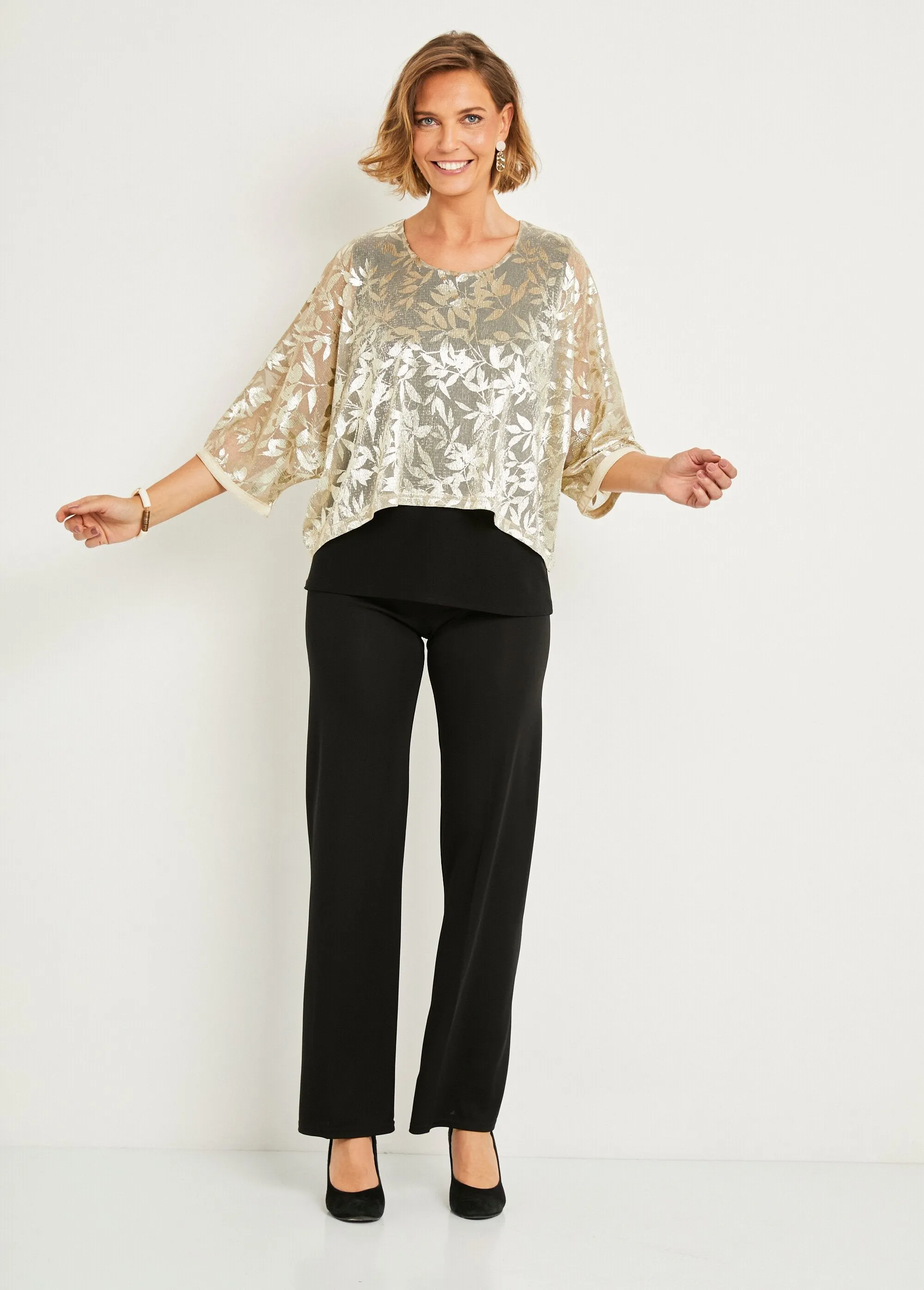 2 in 1 effect plain knit iridescent jacquard voile top