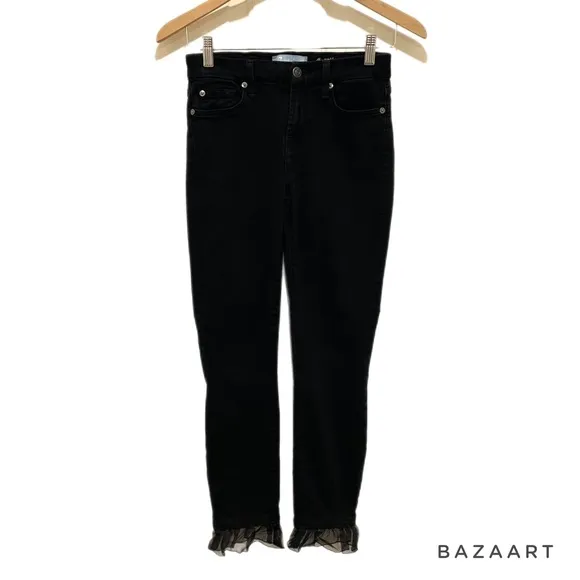 7 For All Mankind The Ankle Skinny Ruffle Hem Black Stretchy Denim Jeans