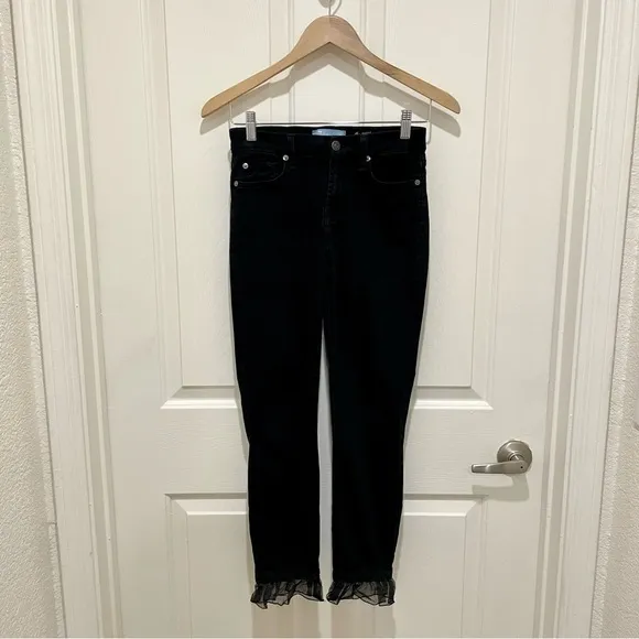 7 For All Mankind The Ankle Skinny Ruffle Hem Black Stretchy Denim Jeans