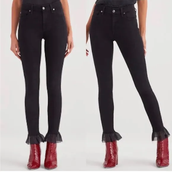 7 For All Mankind The Ankle Skinny Ruffle Hem Black Stretchy Denim Jeans