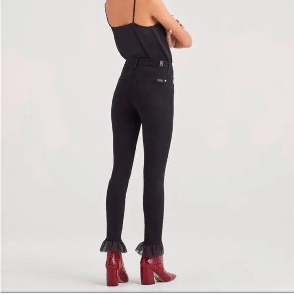 7 For All Mankind The Ankle Skinny Ruffle Hem Black Stretchy Denim Jeans