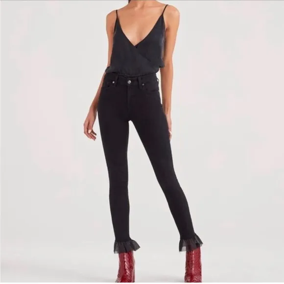 7 For All Mankind The Ankle Skinny Ruffle Hem Black Stretchy Denim Jeans