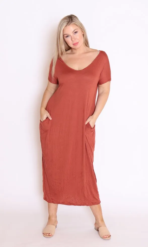 7643 V-neck Pockets Cotton Dress