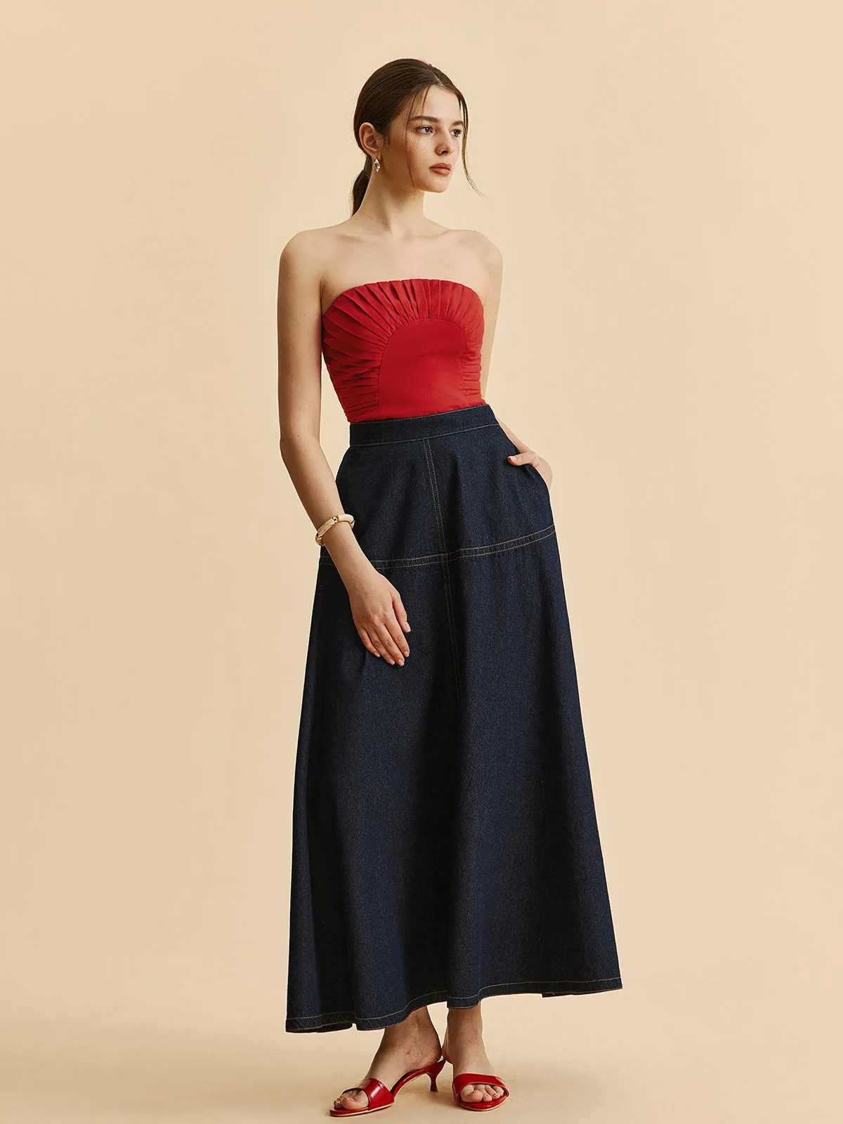 A-Line Denim Skirt With Side Pockets