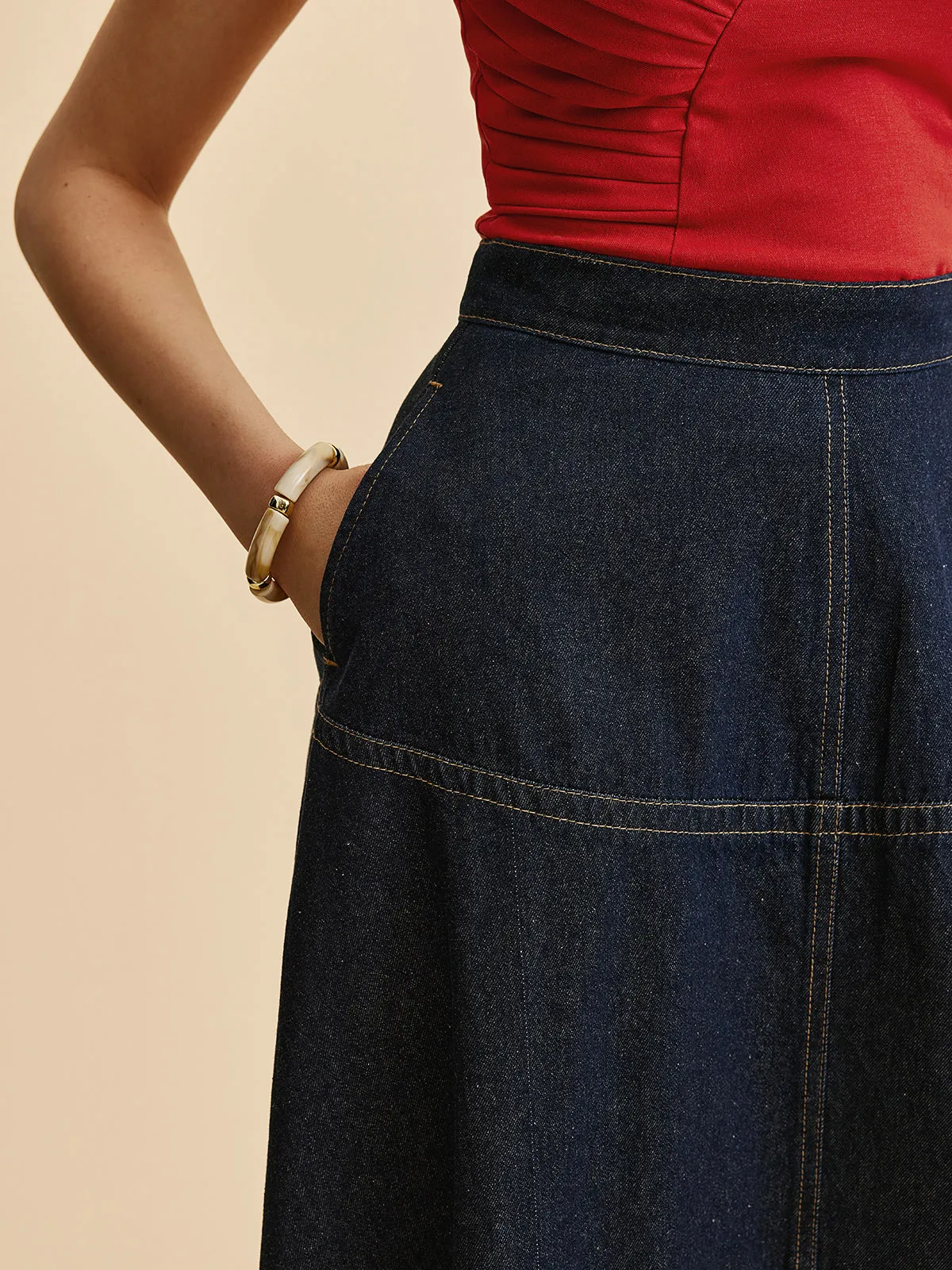 A-Line Denim Skirt With Side Pockets
