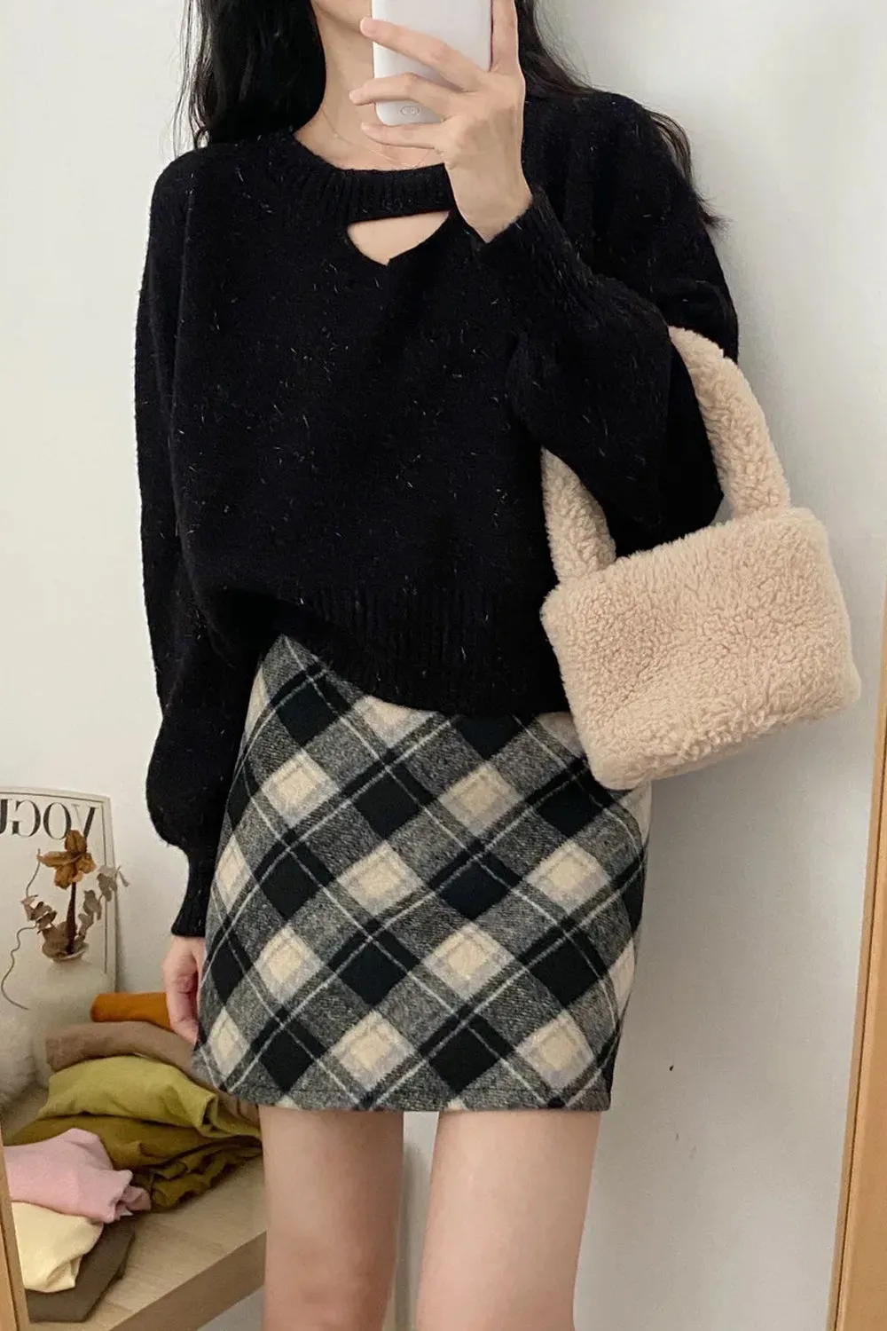A-Line Woolen Plaid Mini Skirts