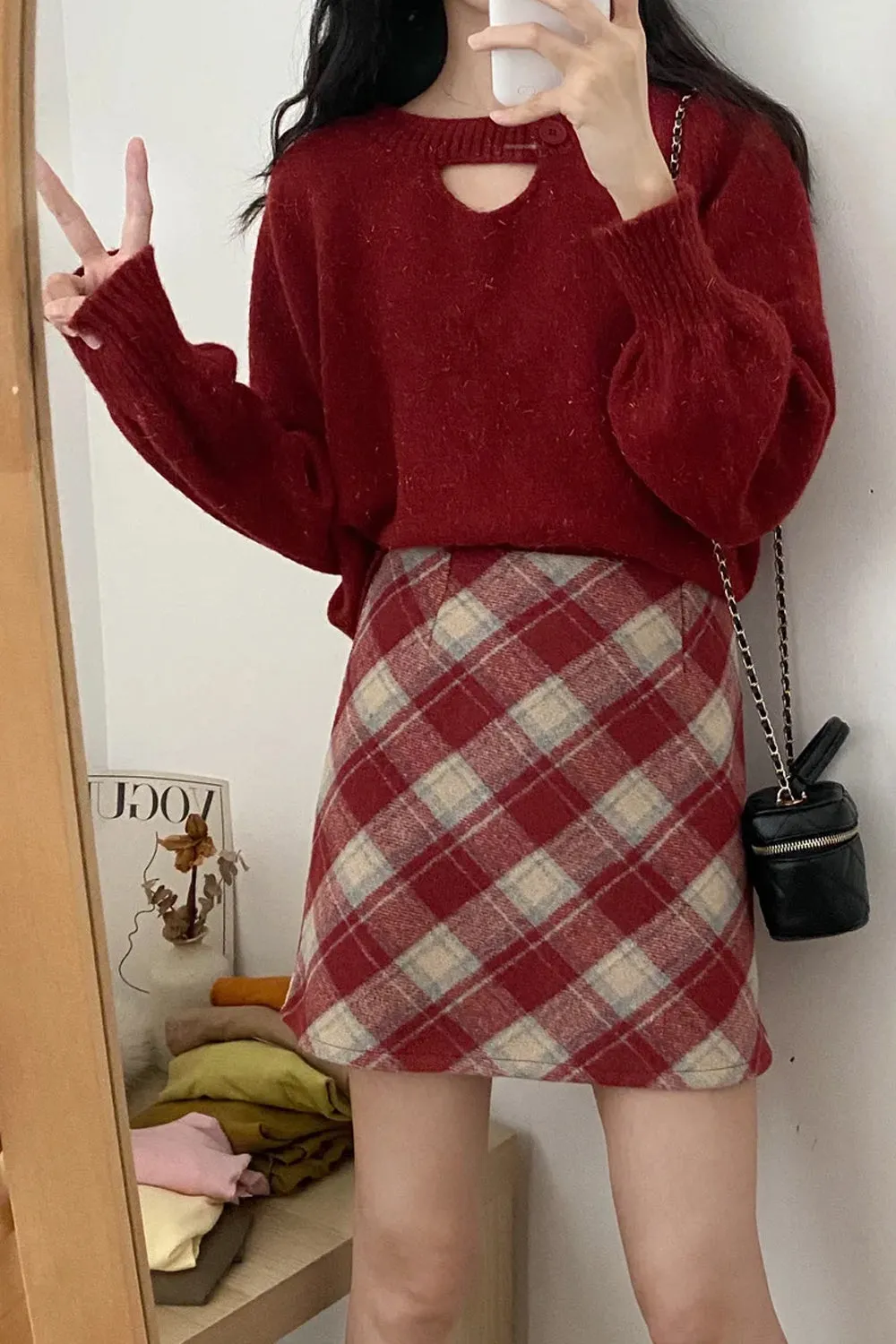 A-Line Woolen Plaid Mini Skirts