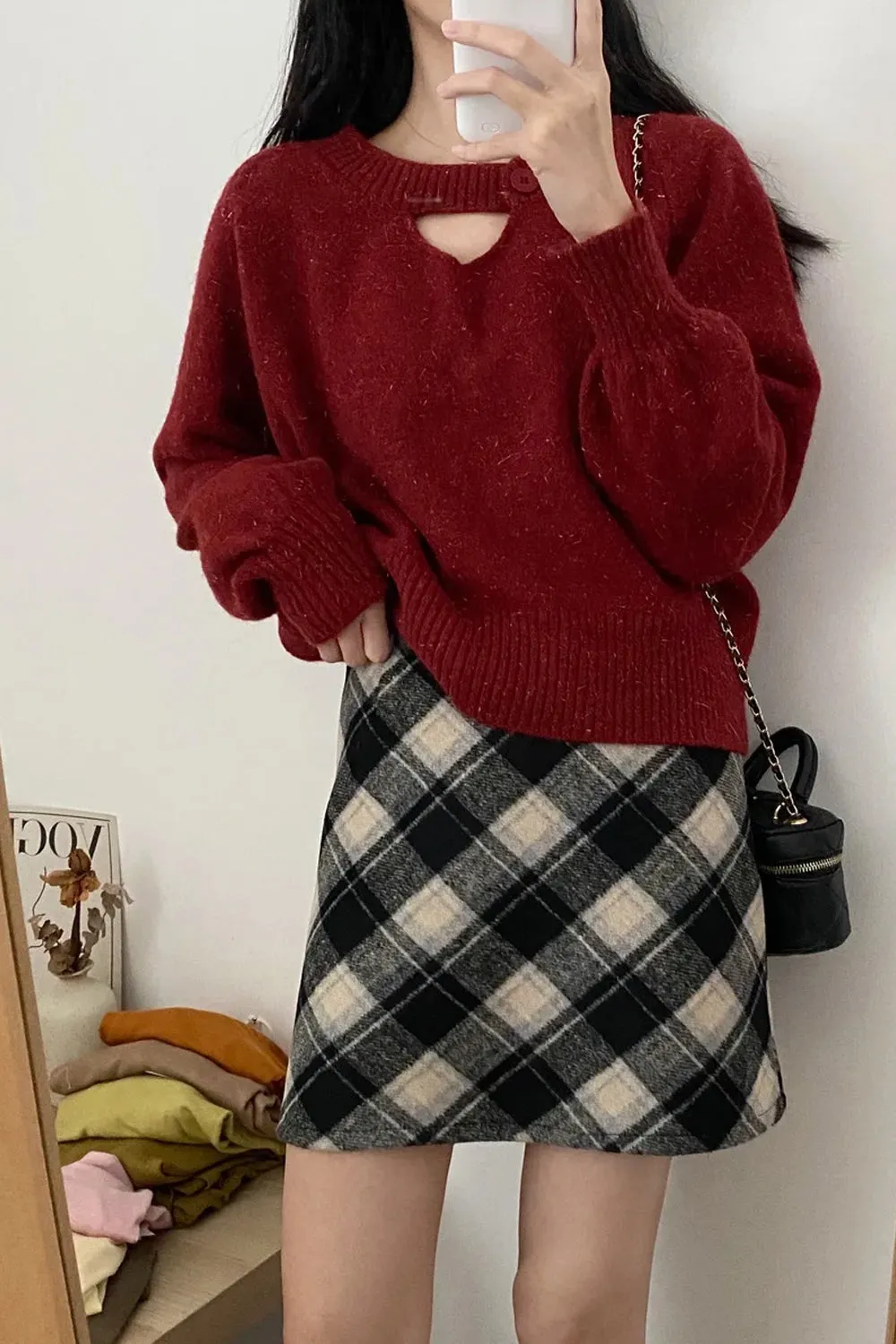 A-Line Woolen Plaid Mini Skirts