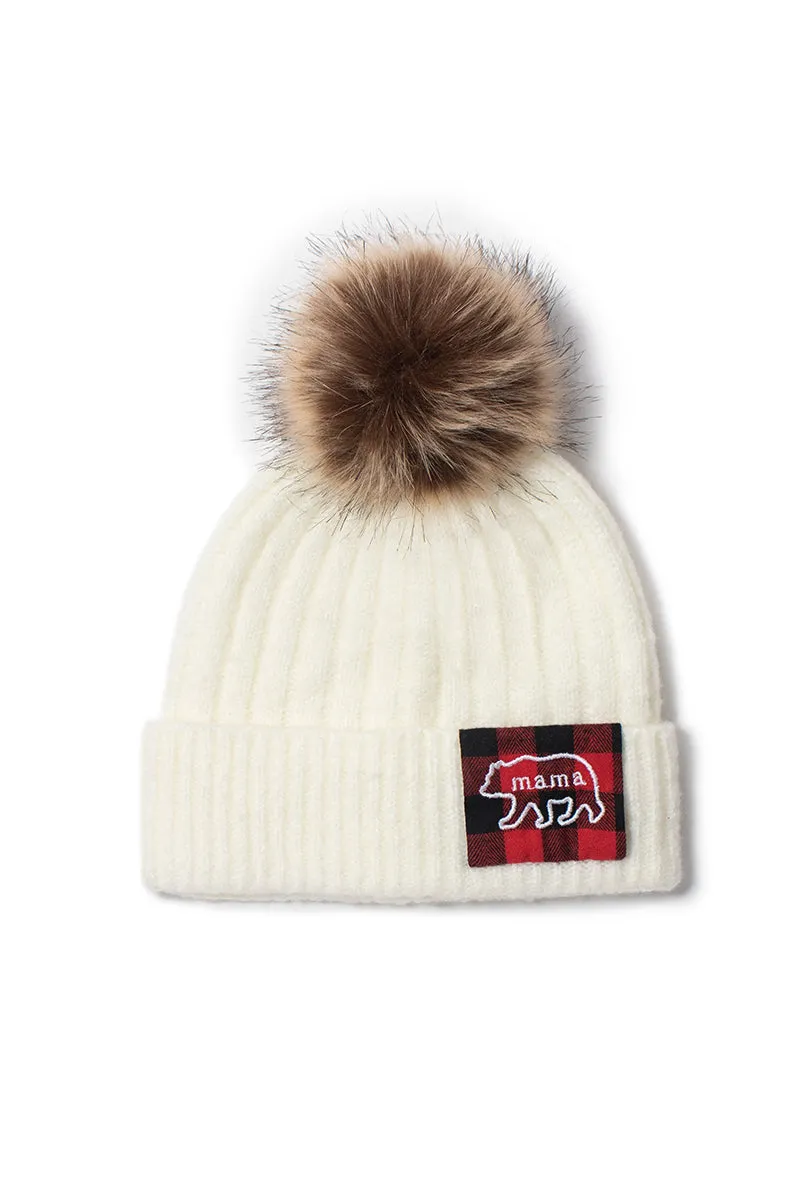 ABB853 - Mama bear rib knit beanie with faux fur pom