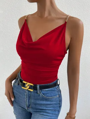 Allurite Chain Detail Draped Collar Ruched Cami Top For New Year Clothes