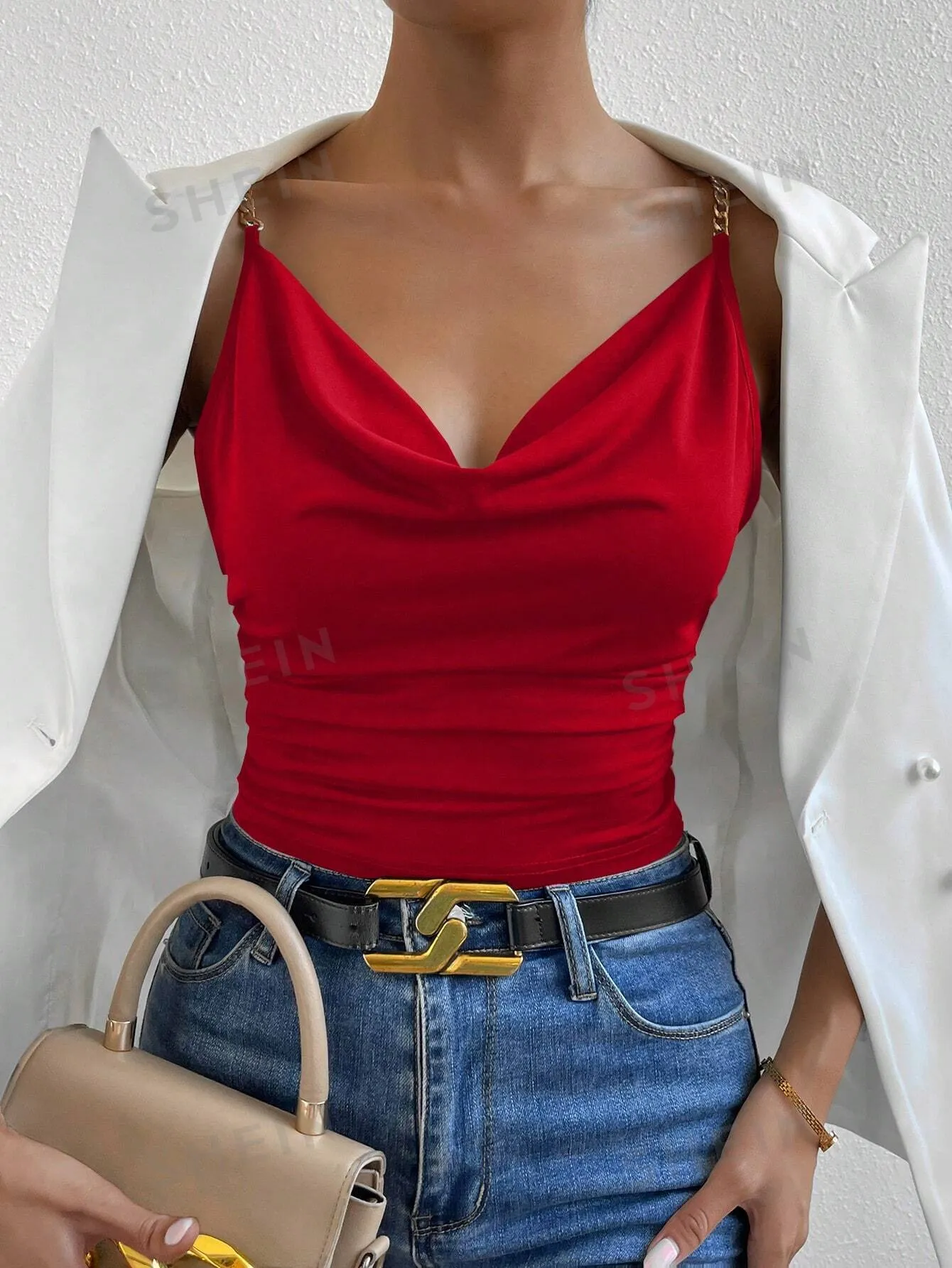 Allurite Chain Detail Draped Collar Ruched Cami Top For New Year Clothes