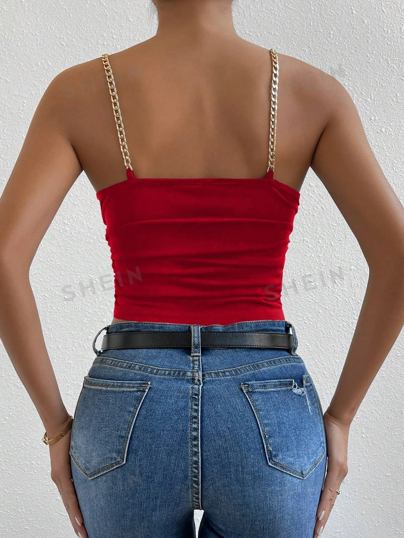 Allurite Chain Detail Draped Collar Ruched Cami Top For New Year Clothes