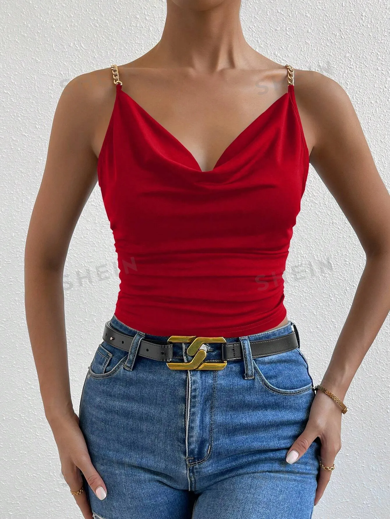 Allurite Chain Detail Draped Collar Ruched Cami Top For New Year Clothes