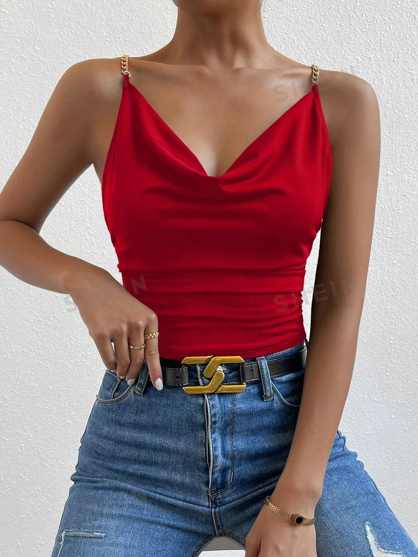 Allurite Chain Detail Draped Collar Ruched Cami Top For New Year Clothes