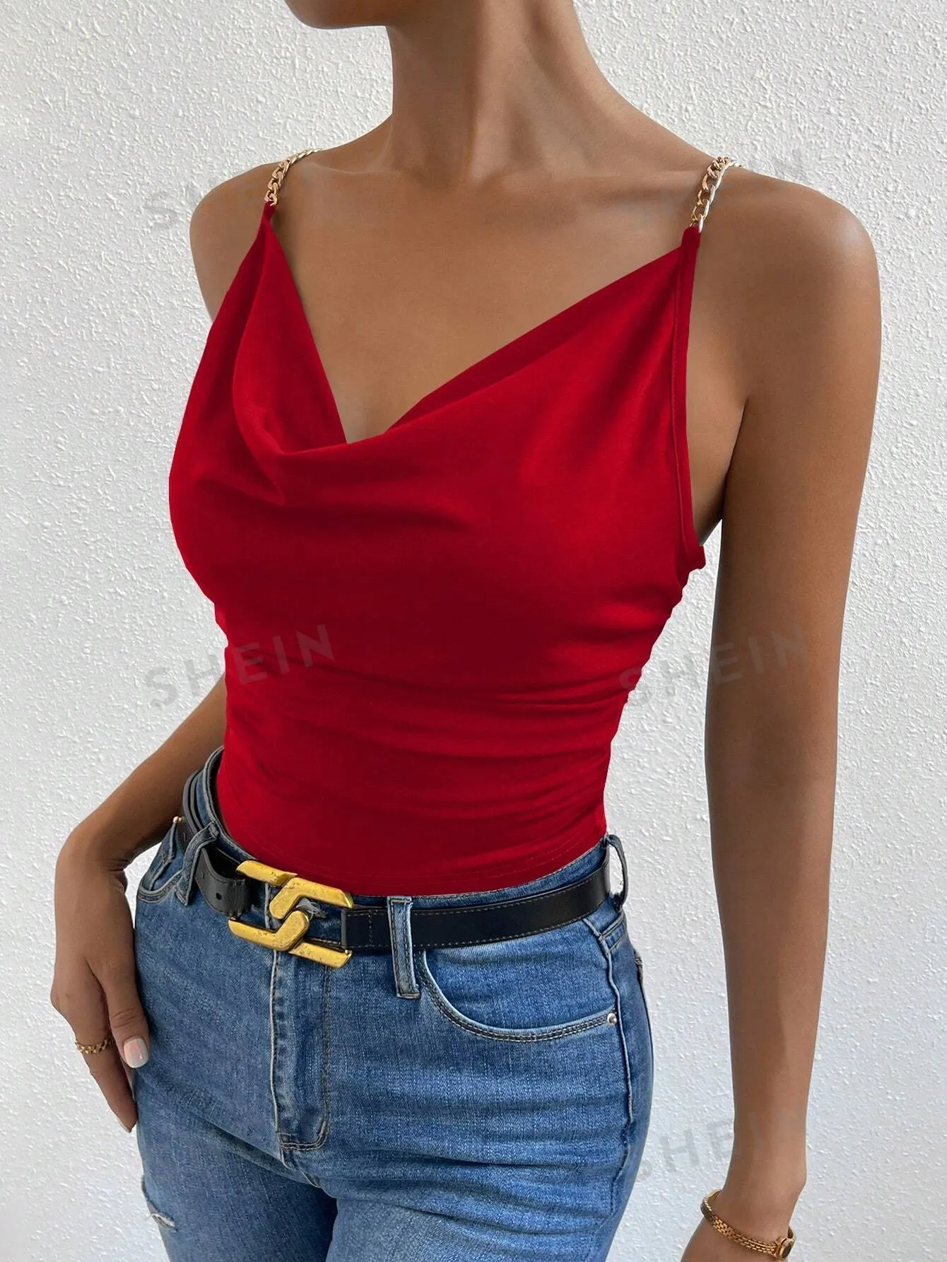 Allurite Chain Detail Draped Collar Ruched Cami Top For New Year Clothes