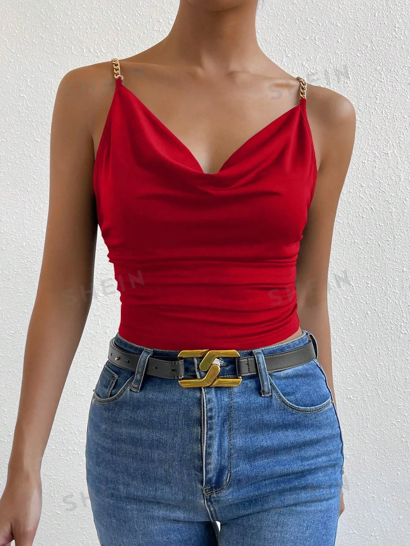 Allurite Chain Detail Draped Collar Ruched Cami Top For New Year Clothes