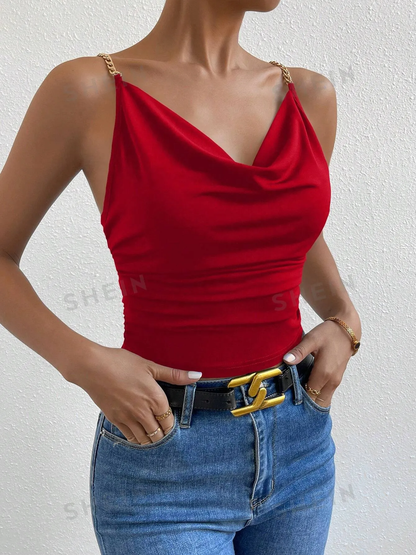 Allurite Chain Detail Draped Collar Ruched Cami Top For New Year Clothes