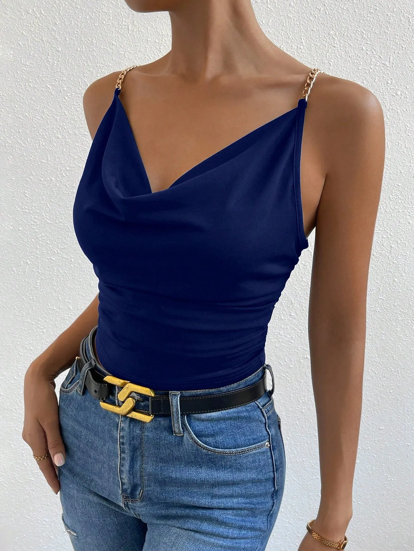 Allurite Chain Detail Draped Collar Ruched Cami Top For New Year Clothes