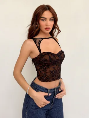 Aloruh Black Sexy Lace Fitted Backless Tank Top