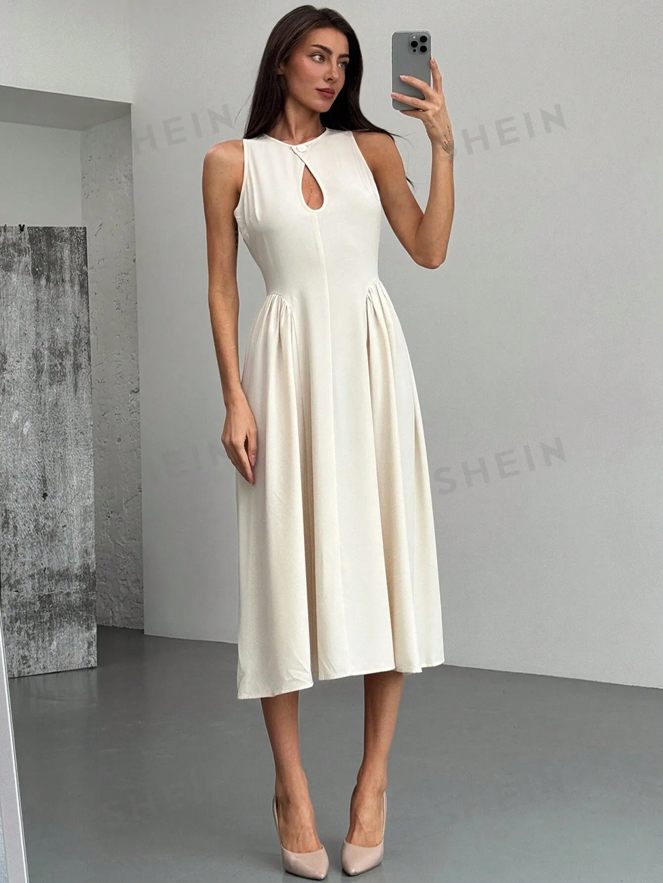 Aloruh Women's Sleeveless Cutout Front A-Line Side Ruched Midi Dress