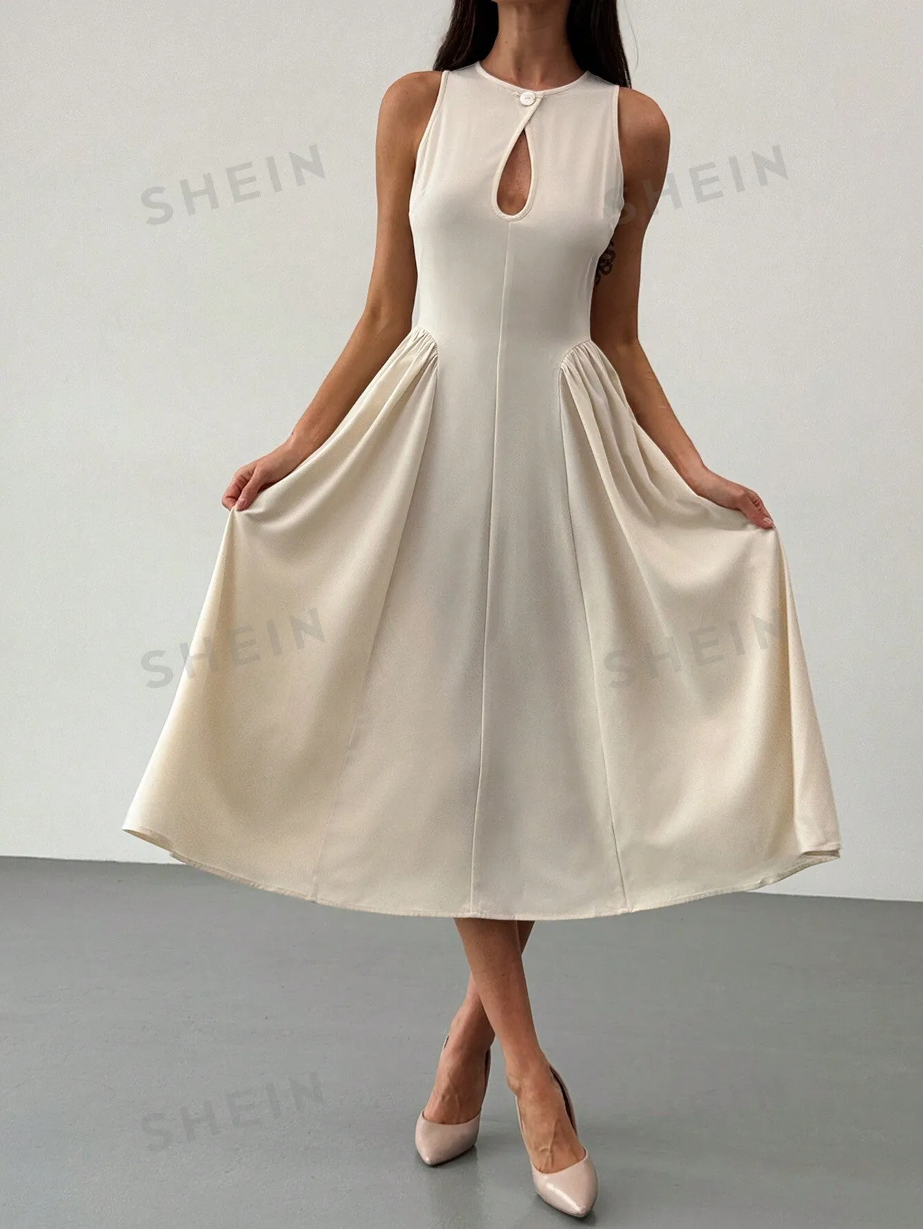 Aloruh Women's Sleeveless Cutout Front A-Line Side Ruched Midi Dress