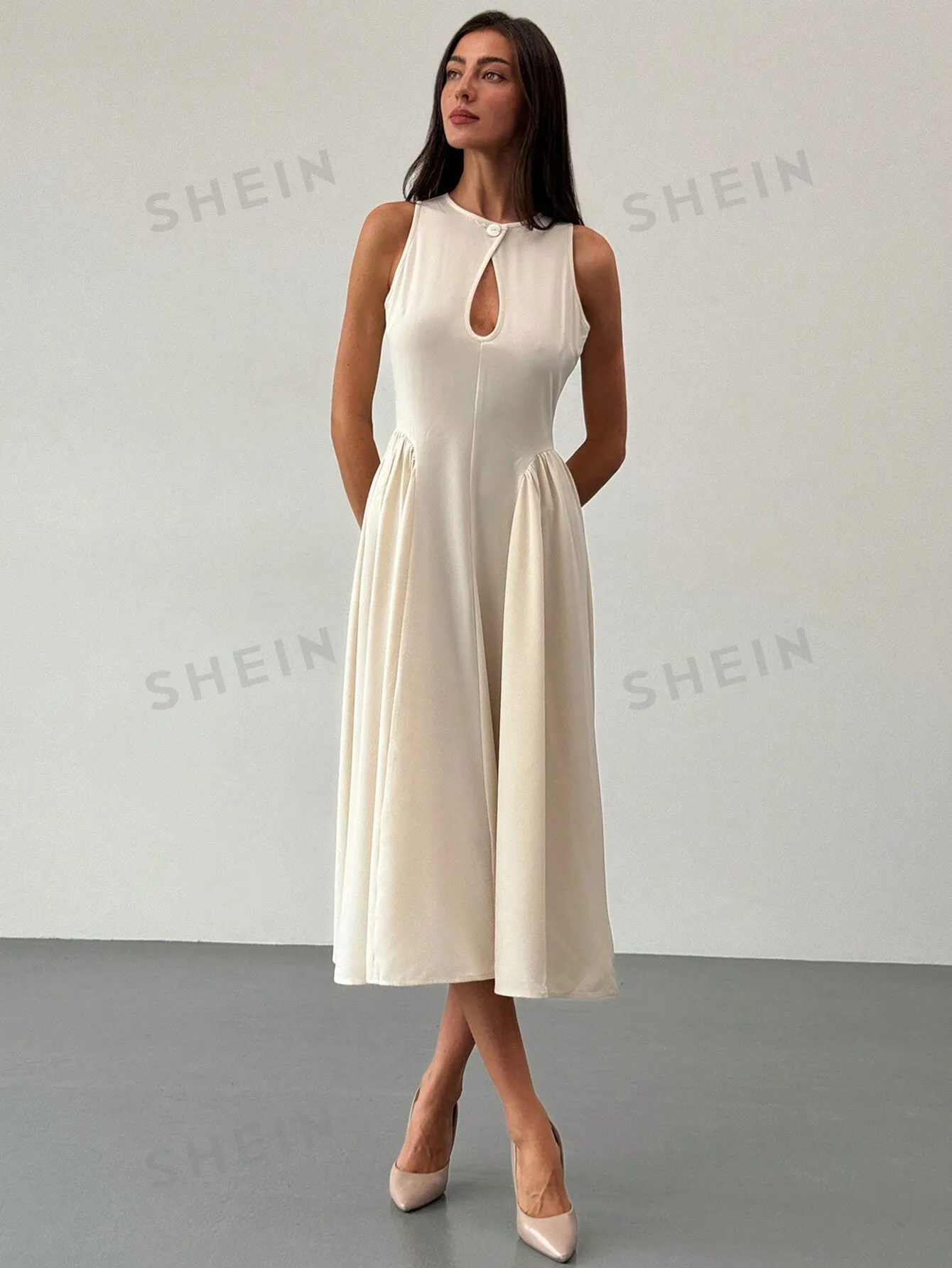 Aloruh Women's Sleeveless Cutout Front A-Line Side Ruched Midi Dress