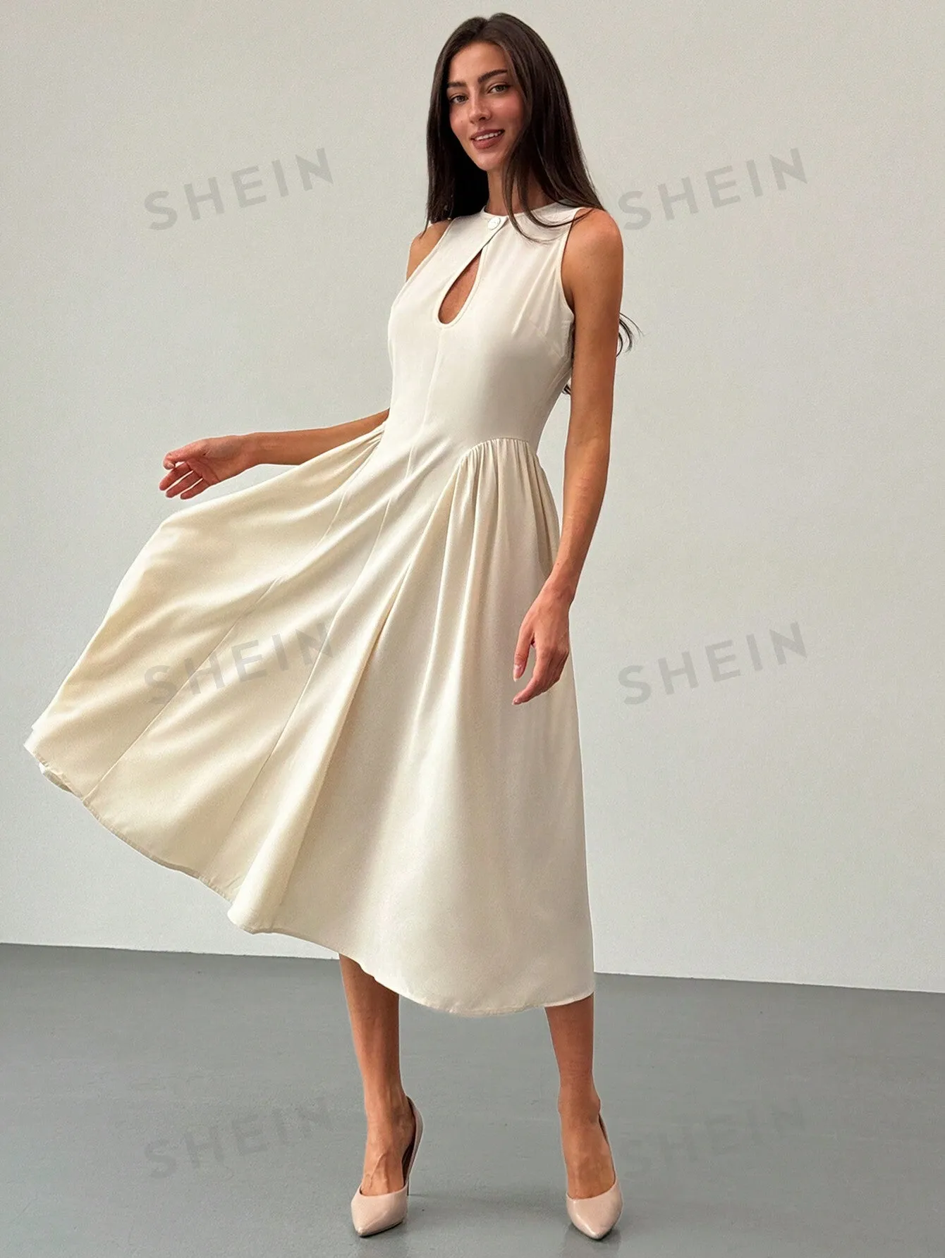 Aloruh Women's Sleeveless Cutout Front A-Line Side Ruched Midi Dress