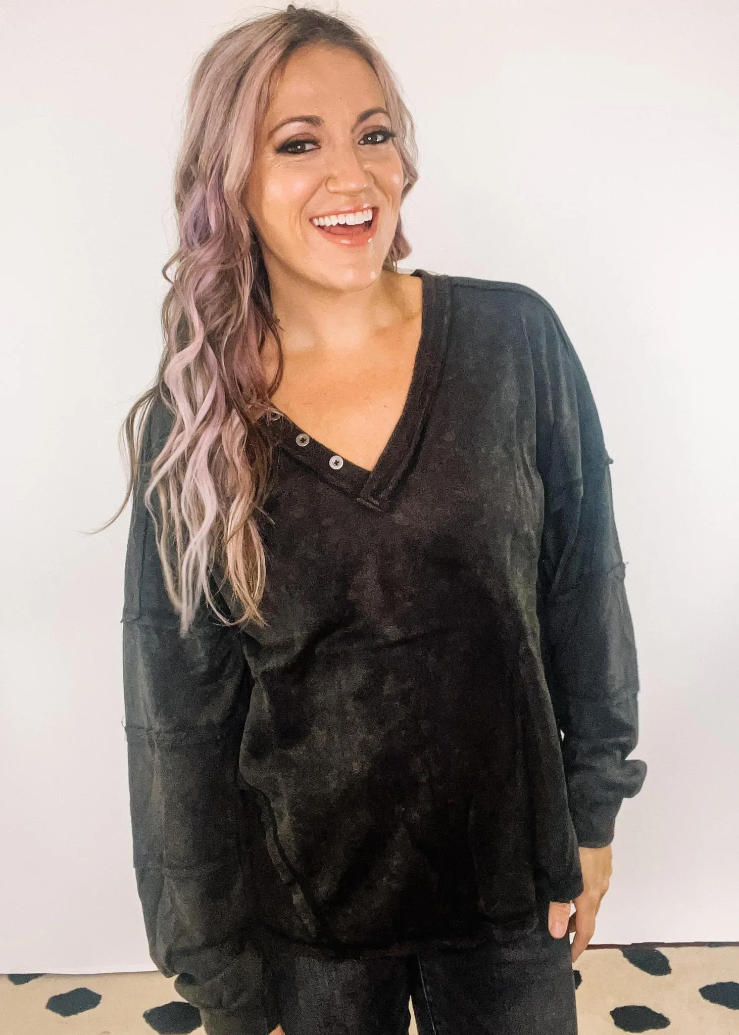 ANNIVERSARY- Washed Knit Button Trim Oversized Top