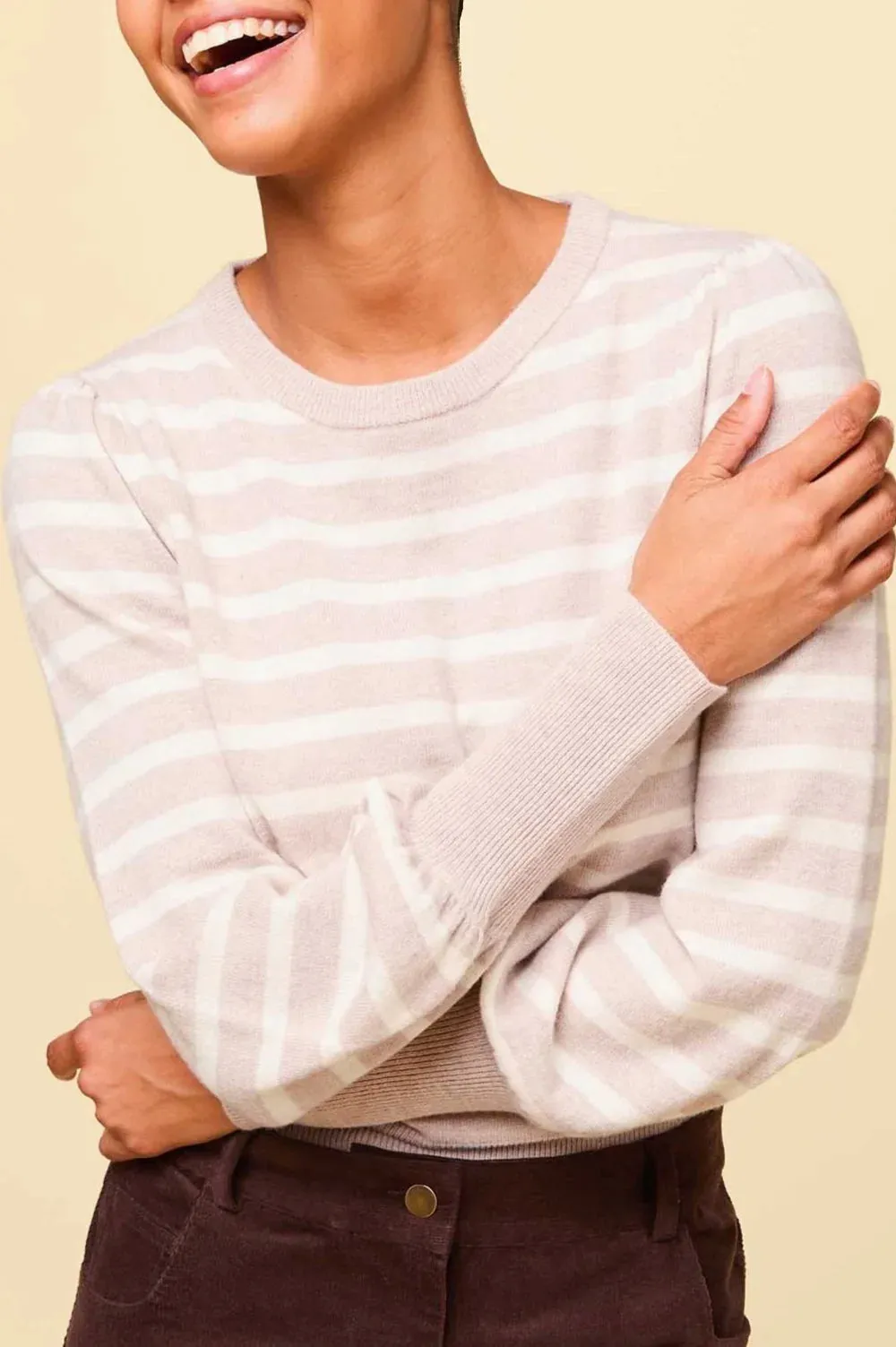 Aspiga Womens Stripe Crew Neck Jumper - Oat/Cream