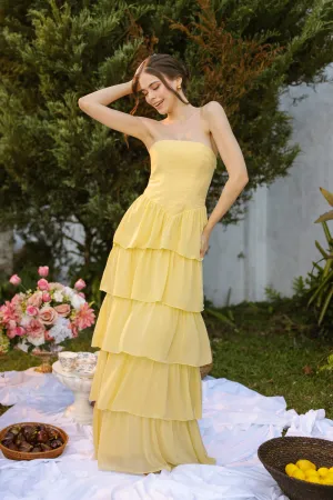 AURORA Strapless Drop Waist Maxi Dress with Layered Skirt (Butter Yellow Chiffon) SAME DAY DELIVERY - SMALL