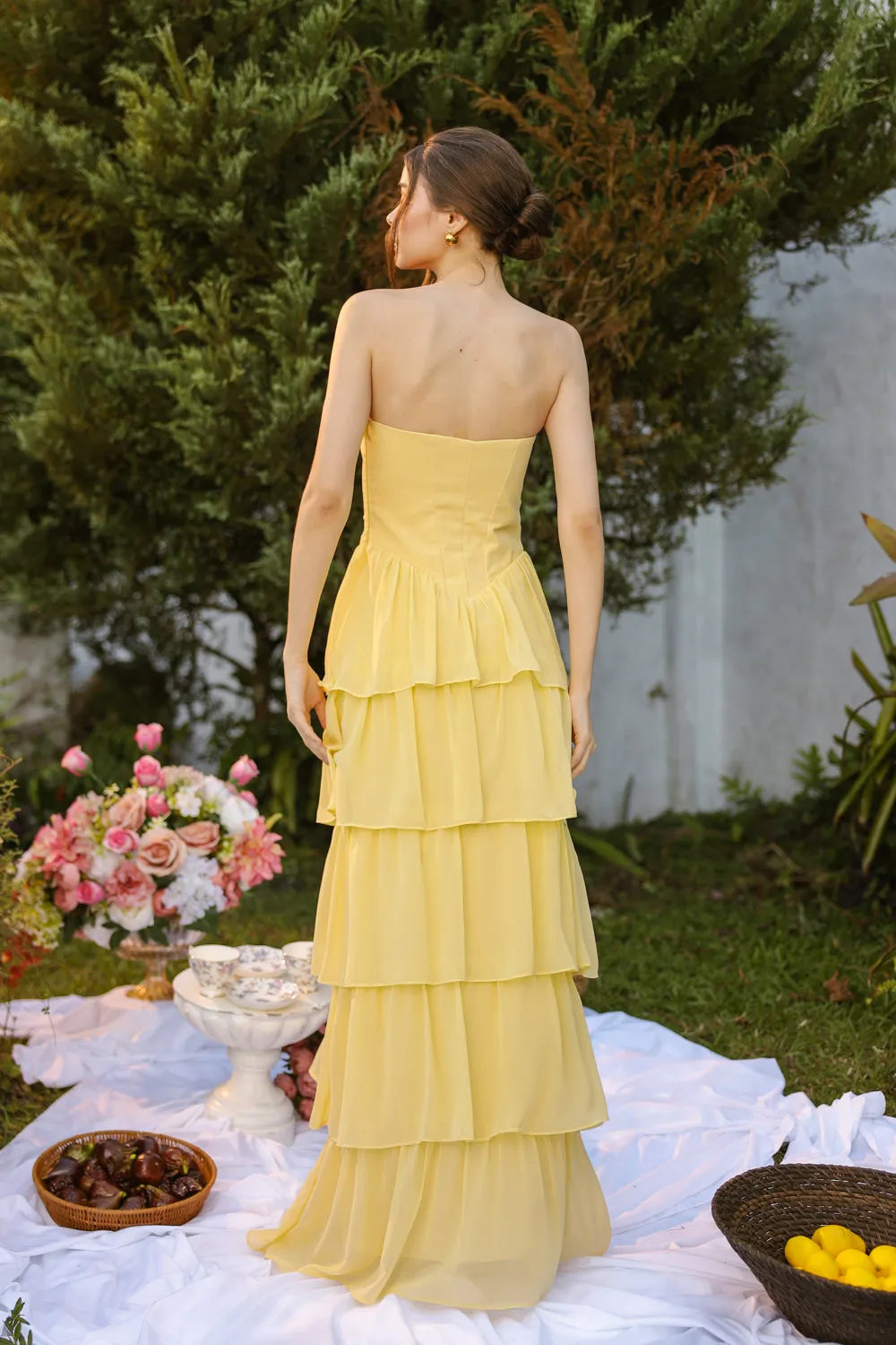 AURORA Strapless Drop Waist Maxi Dress with Layered Skirt (Butter Yellow Chiffon) SAME DAY DELIVERY - SMALL