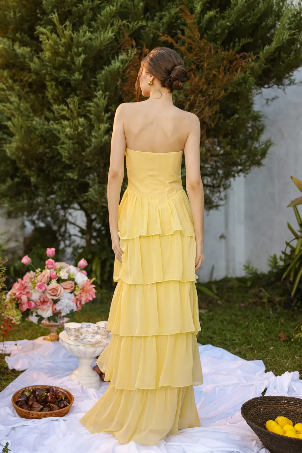 AURORA Strapless Drop Waist Maxi Dress with Layered Skirt (Butter Yellow Chiffon) SAME DAY DELIVERY - SMALL