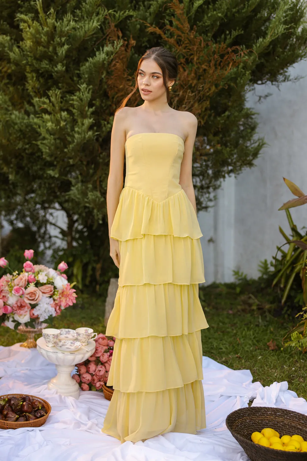 AURORA Strapless Drop Waist Maxi Dress with Layered Skirt (Butter Yellow Chiffon) SAME DAY DELIVERY - SMALL