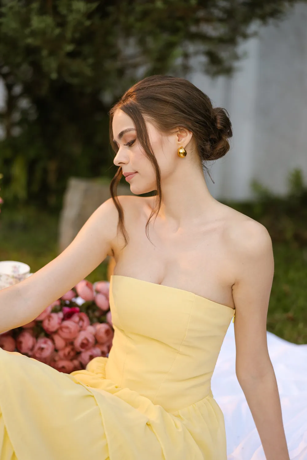 AURORA Strapless Drop Waist Maxi Dress with Layered Skirt (Butter Yellow Chiffon) SAME DAY DELIVERY - SMALL